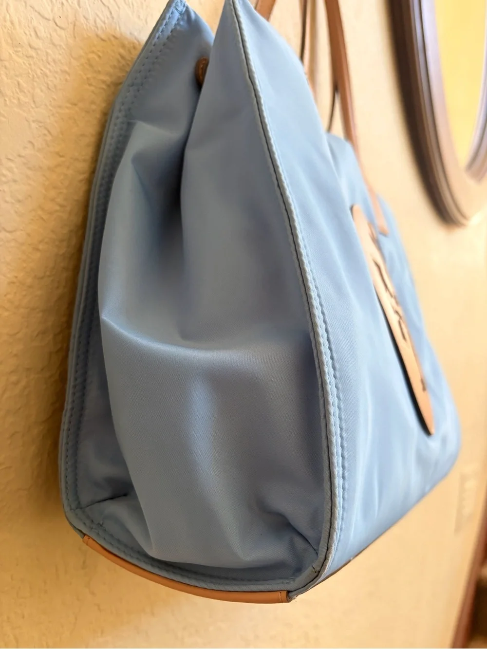 🦋Tory Burch Light Blue Nylon Tote w/ Tan Leather Trim